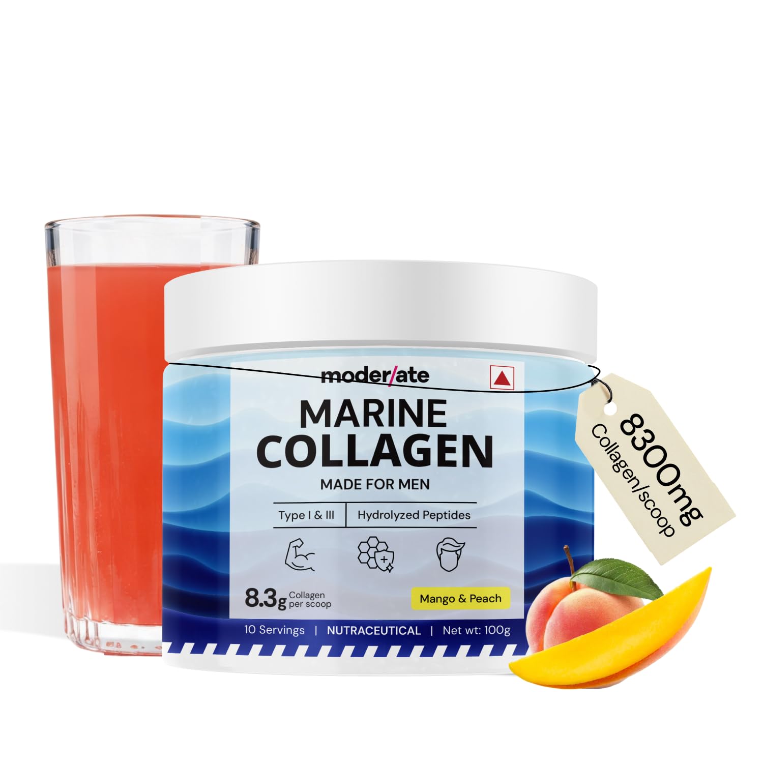 Moderate Marine Collagen Powder for Men, Type 1 & 3 Hydrolyzed Peptides with Glutathione, Vitamin C, Hyaluronic Acid, Biotin, Mango Peach Flavour, Add to Whey Shake or Any Drink, 100g-image-18