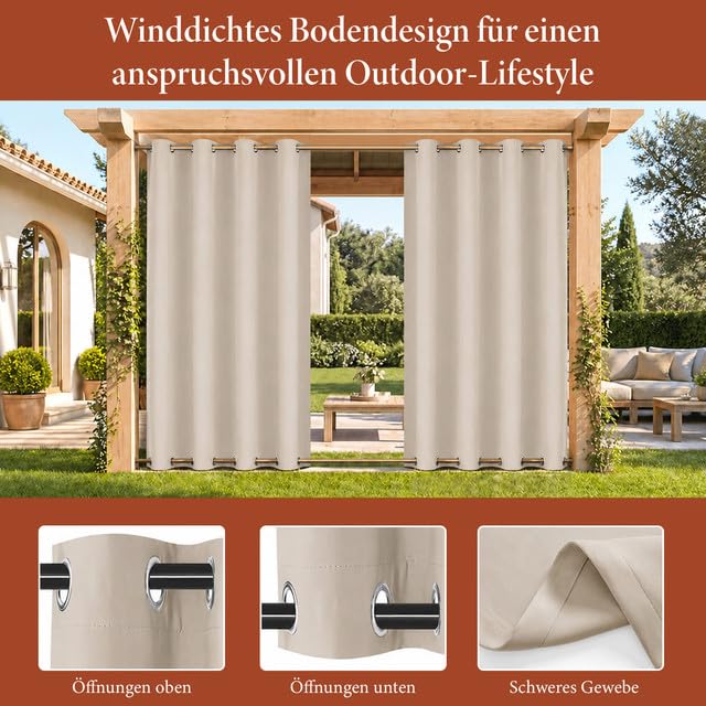Rosnek 2erOutdoor Vorhang Wetterfest Winddicht, Balkon Gardinen mit Ösen Oben & Unten, Blickdicht Wasserdicht Sonnenschutz Sichtschutz Gardinen für Terrasse,Pergola,Pavillon, H213x B132 cm, Beige