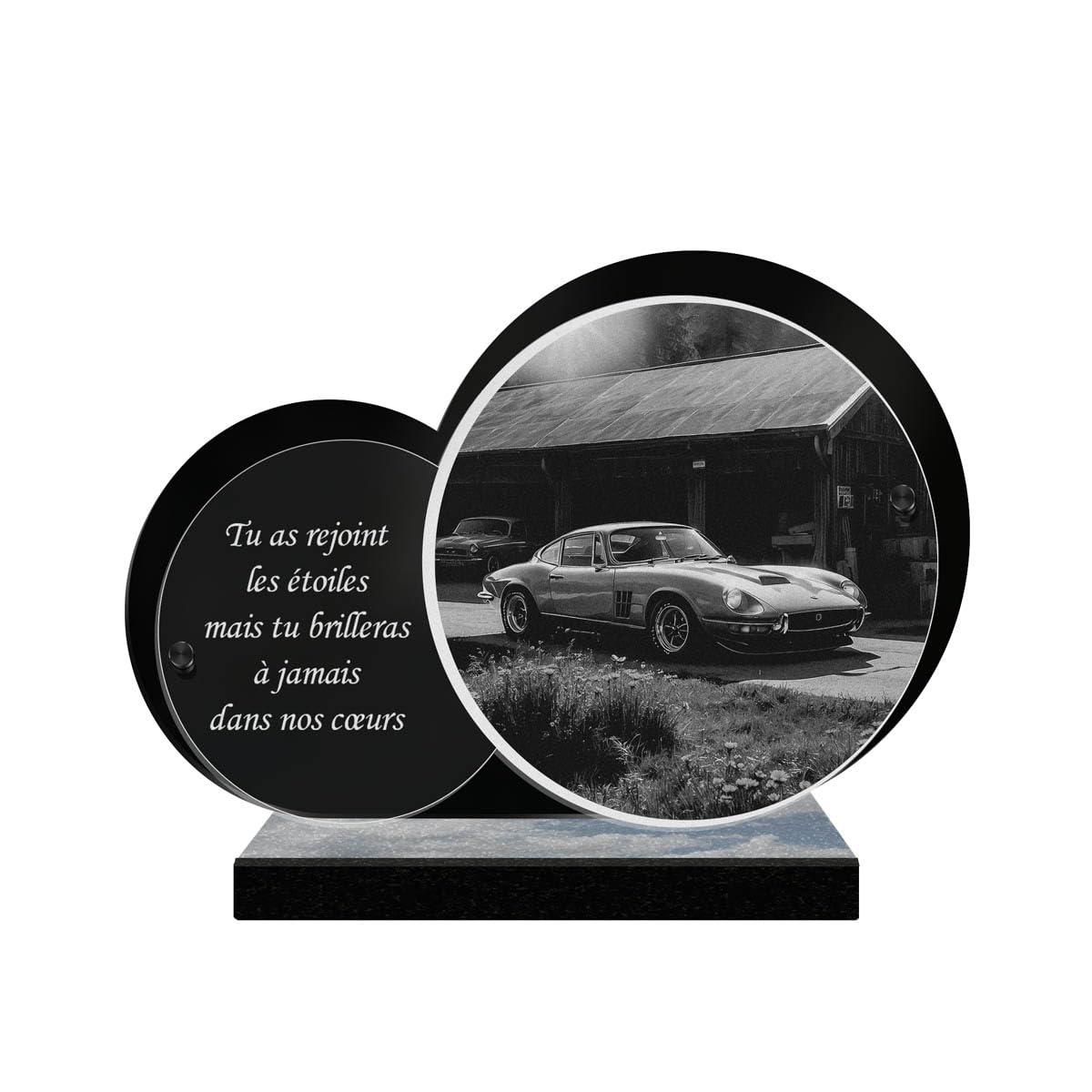 Plaque funéraire gravée au laser Eternel pour honorer la mémoire d'un passionné d'auto