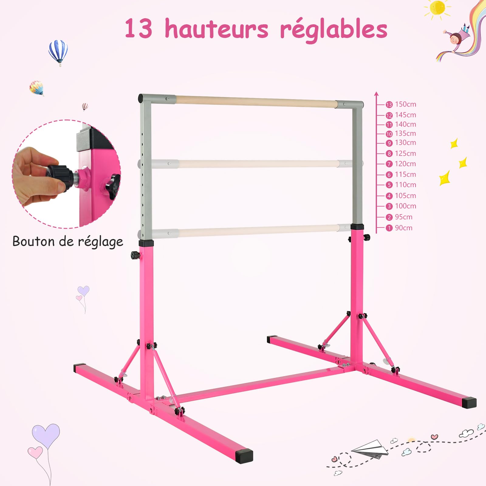 COSTWAY Barre de Gymnastique Pliable pour Enfants avec 13 Hauteurs Réglables (90-150cm), Barre d'Entraînement Extensible avec Structure Triangulaire, Charge 100kg pour Maison Salle de Gym