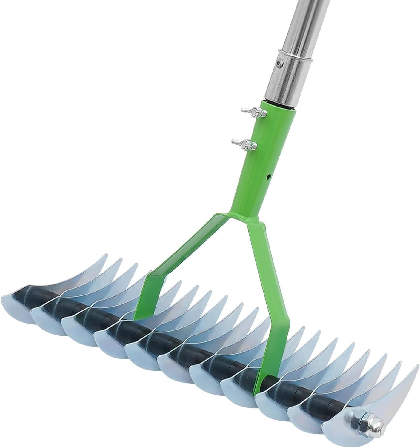 Rastrello Scotico per Prato, Manico Regolabile 1,7m, 21 Rebbi Curvi, Acciaio al Carbonio e Inox, Arieggiatore per Rimuovere Muschio, Secca e Detriti per Gi
