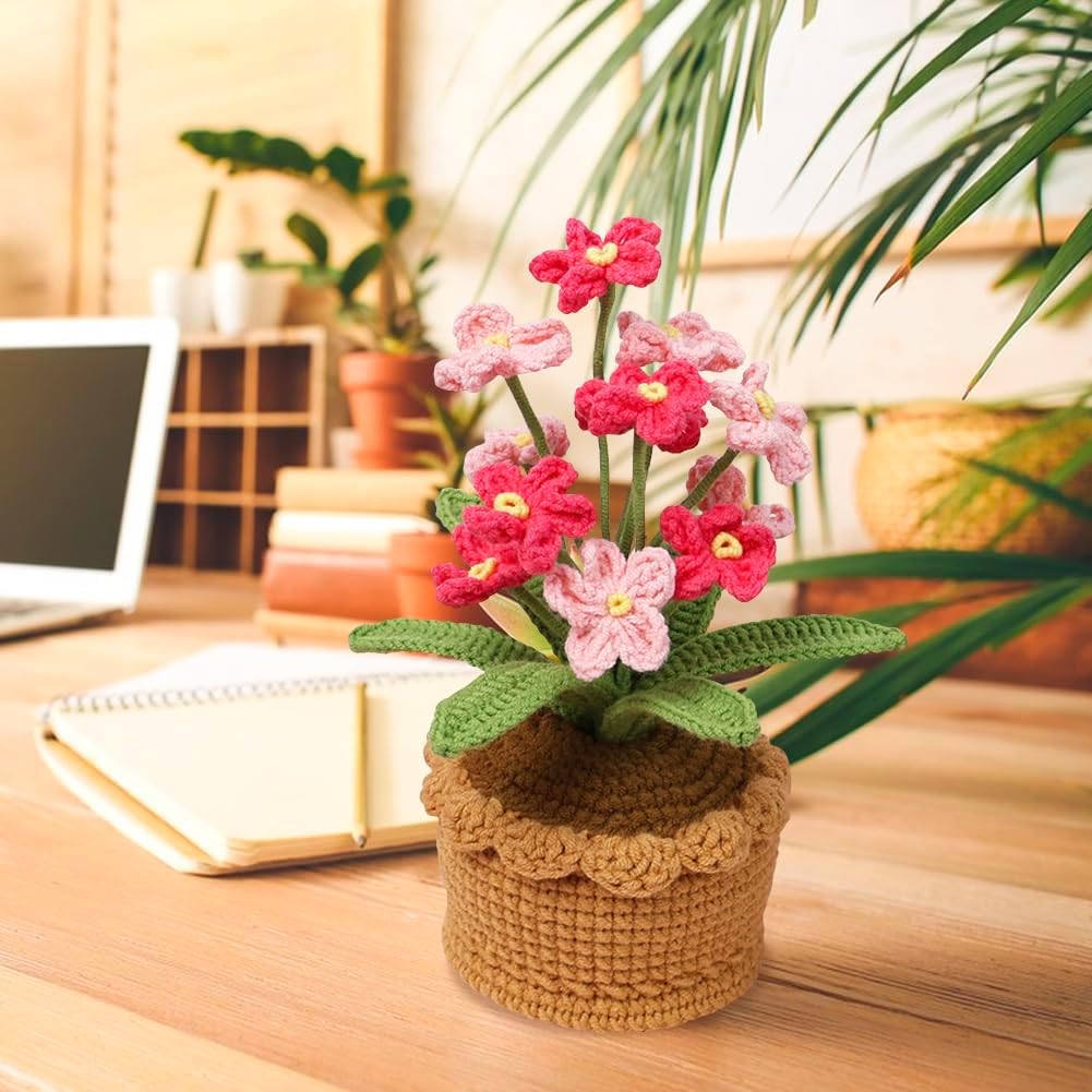 Crochet Forget Me Not Flowers Mini Potted Artificial Plants Handmade Kintting Flowers for Home Office Desk Shelf Car Dashboard Decor, Gradient Pink - Image 5