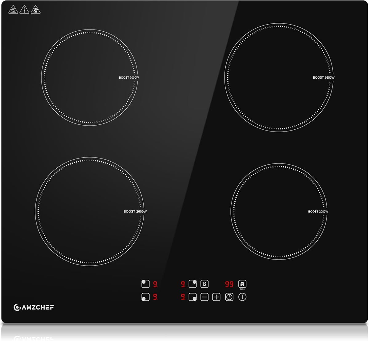 AMZCHEF Induktionskochfeld 60cm, Induktionskochplatte 4 Platten mit 9 Leistungsstufen und Boost, Sicherheitsschloss und Timer, Überhitzungsschutz, LED-Touchscreen, Einbau, 7400W