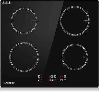 AMZCHEF Induktionskochfeld 60cm, Induktionskochplatte 4 Platten mit 9 Leistungsstufen und Boost, Sicherheitsschloss und Timer, Überhitzungsschutz, LED-Touchscreen, Einbau, 7400W