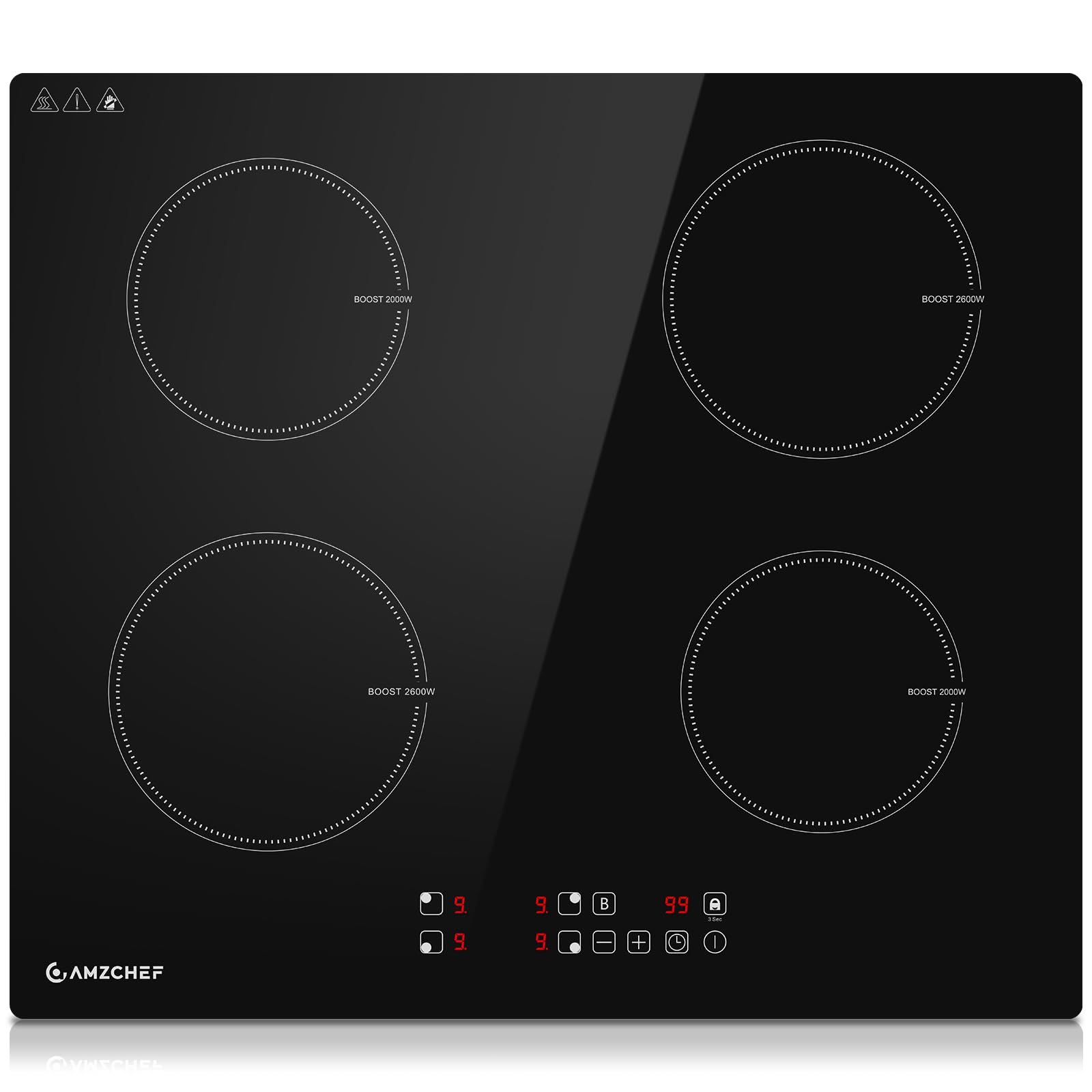 AMZCHEF Placa Inducción 60cm, Induccion Portatil de 4 Zonas con 9 Niveles de Potencia y Boost, Bloqueo de Seguridad y Temporizador, Protección Contra Sobrecalentamiento, Pantalla Táctil LED, 7400W