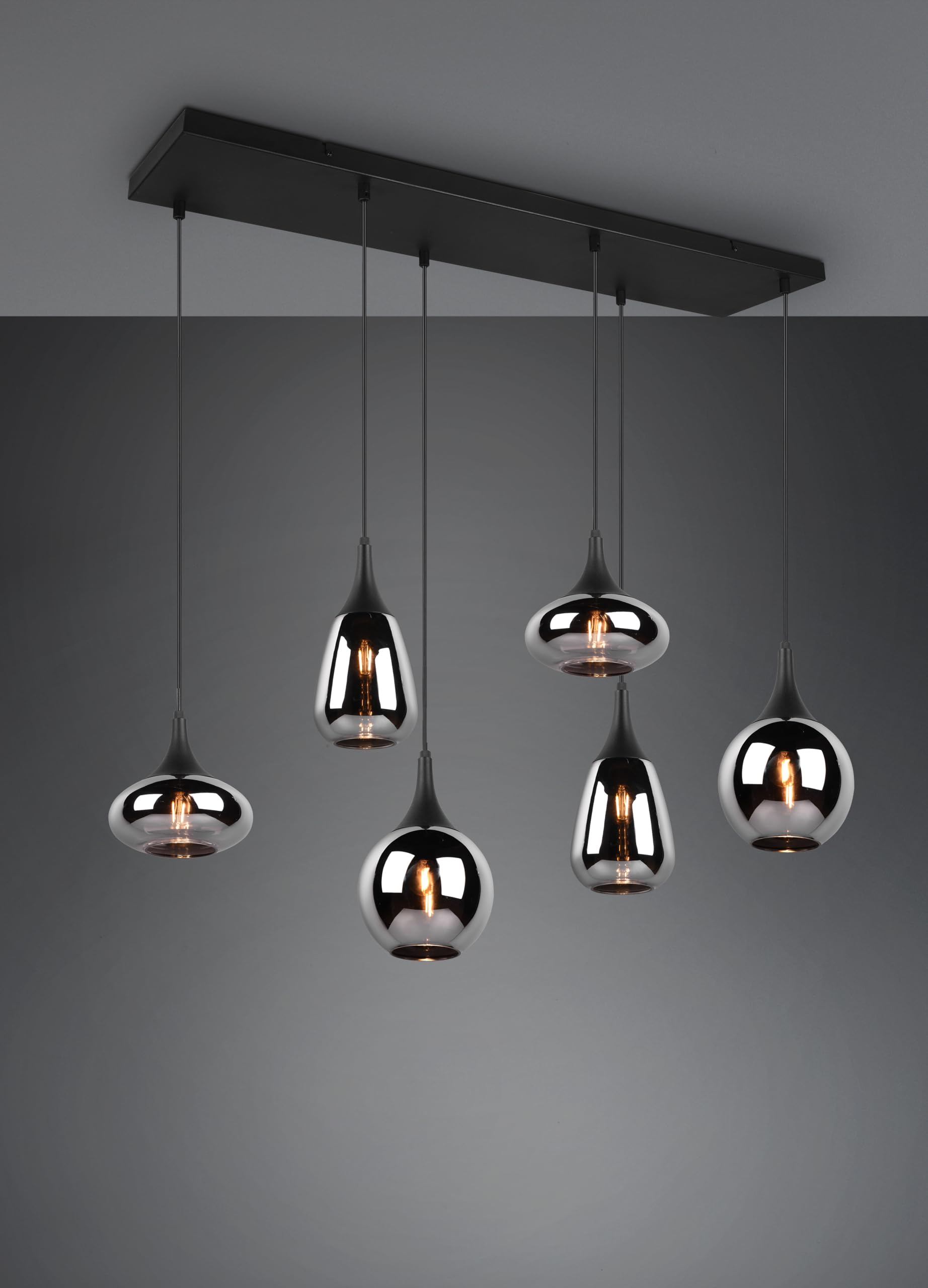 Trio Leuchten Pendelleuchte Lumina 317000632, Metall Schwarz matt, Glas chrom bedampft, exkl. 6x E14, Smoke