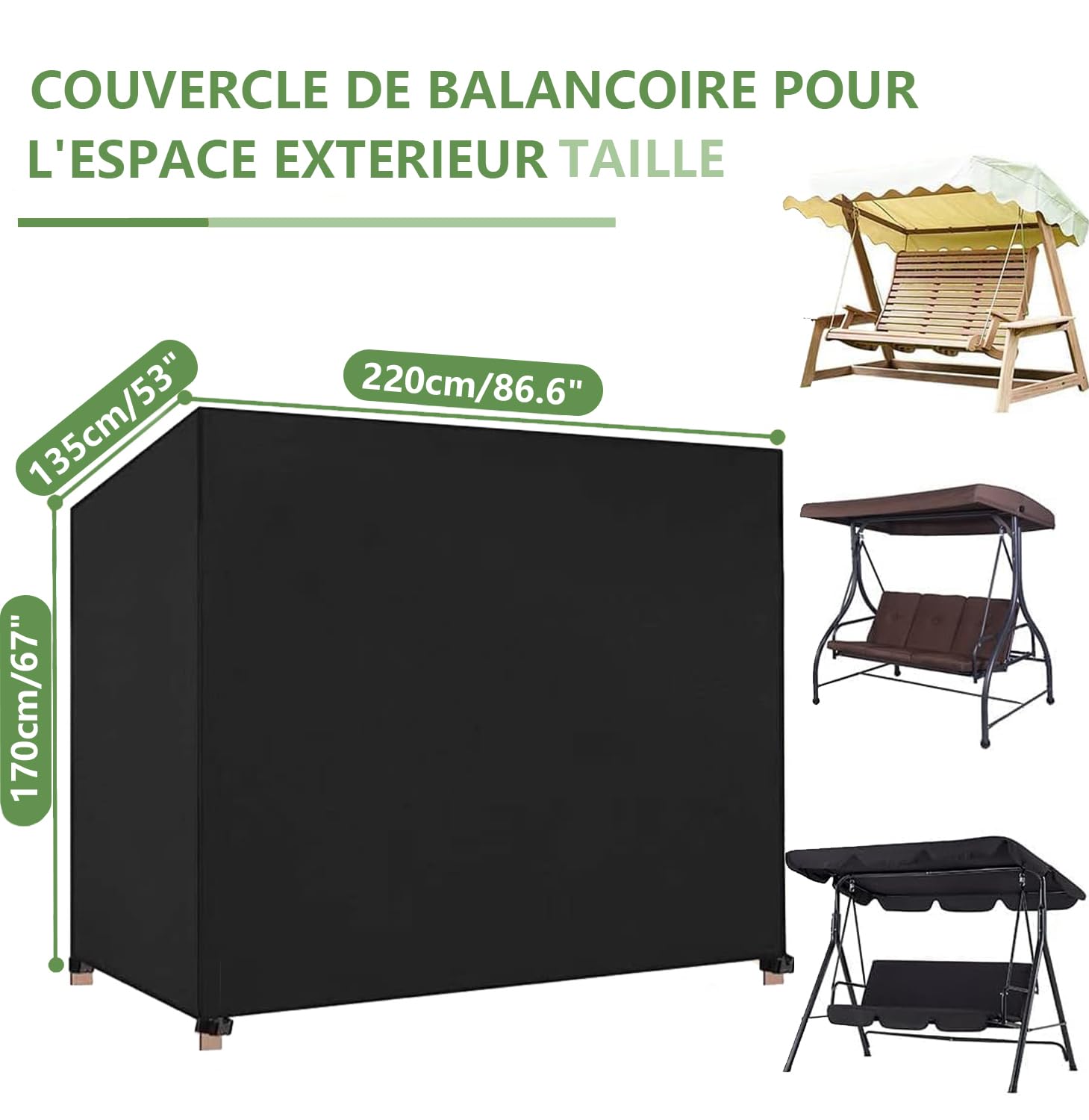 Housse de Balancelle de Jardin 3 Places, 600D Oxford Balancelle Jardin Bache Imperméable Anti-UV Coupe-Vent pour Balancelle de Jardin, Hamac de Jardin, Chaise de Jardin (220x135x170cm)