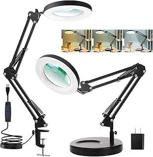 2-in-1 16W Magnifying Glass with Light and Stand, 5X Real Glass Lens,3 Color Modes 10 Brightness Adjustable Magnifying Desk Lamp with Clamp and Base,80 LED Magnifier Light for Crafts,Reading,Close Work