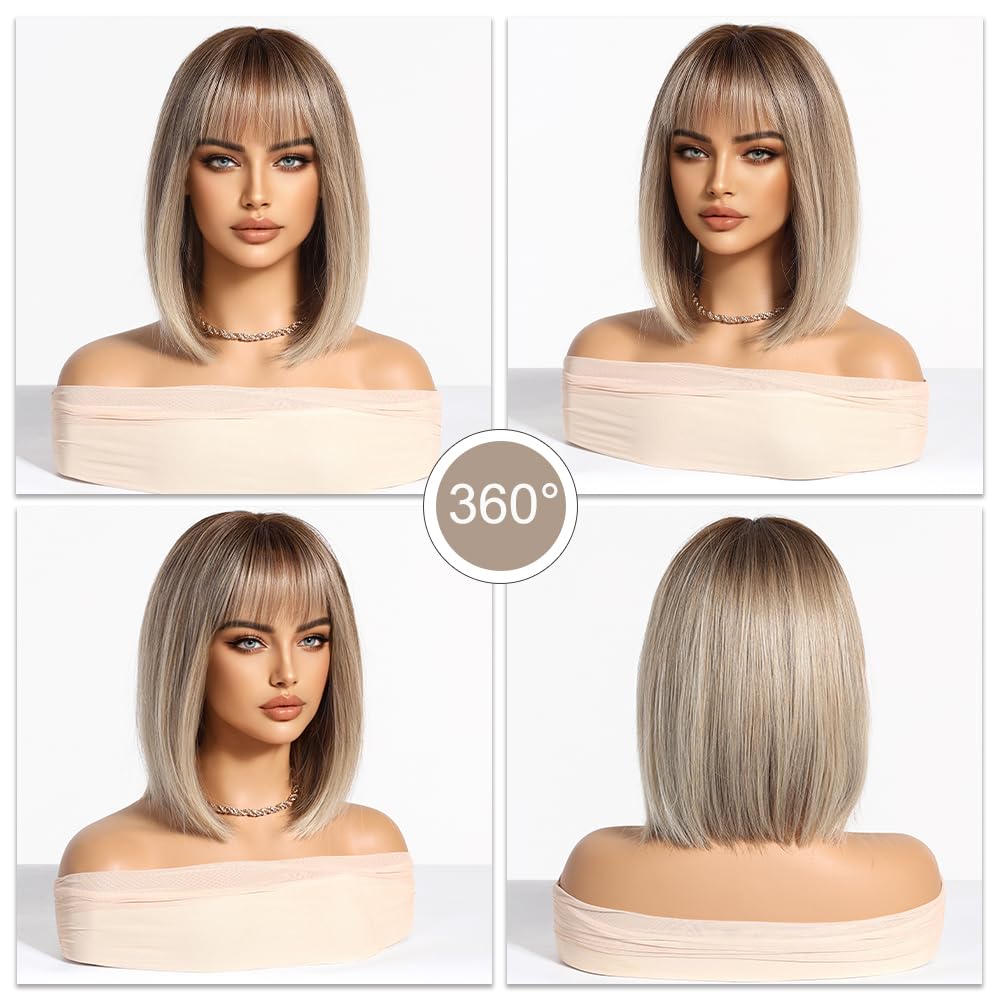 Esmee Parrucche Bob Corte Lisce Biondo Con Frangia Parrucca alla Lunghezza delle Spalle Sintetiche Ombre per Cosplay Uso Quotidiano & Party