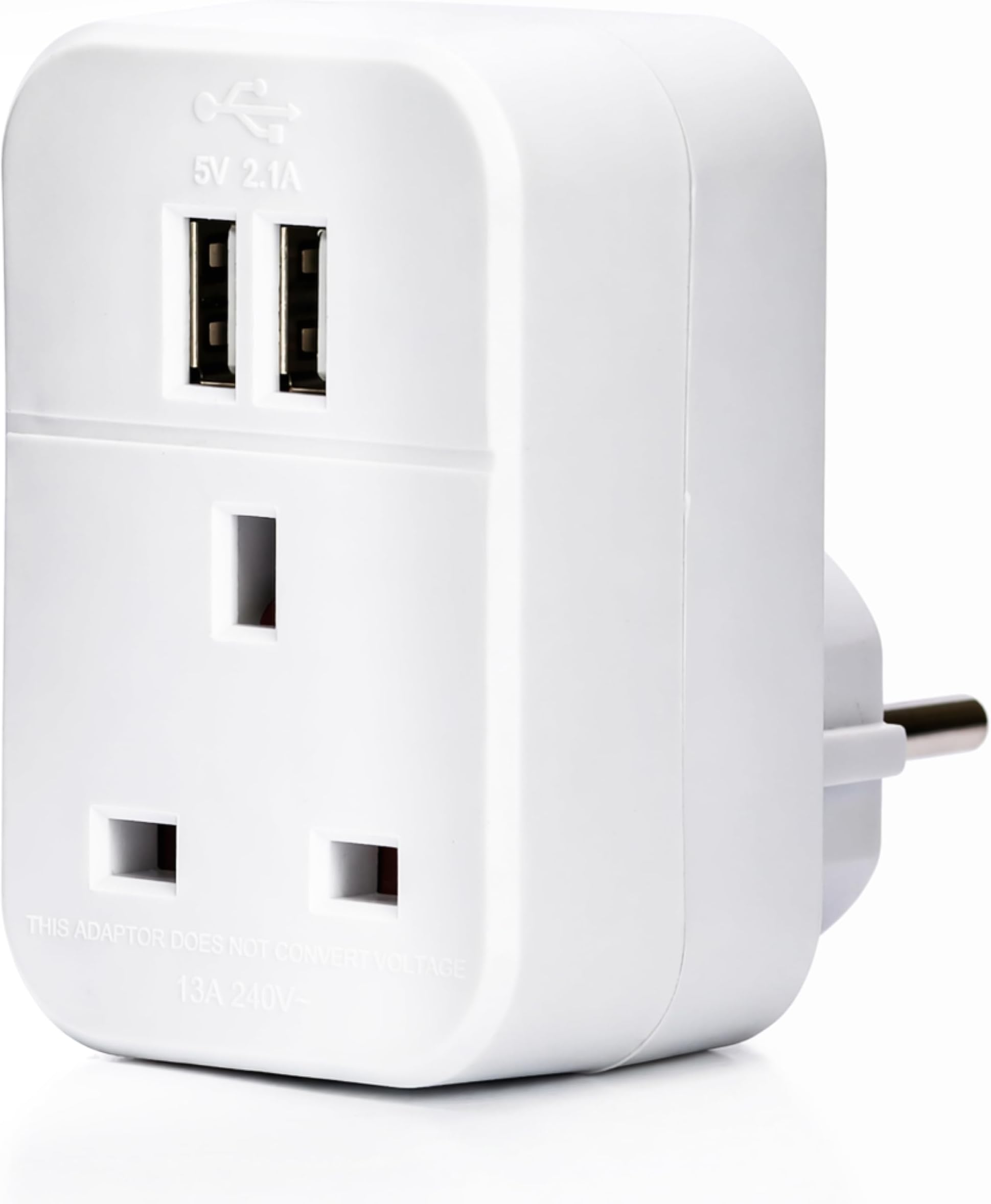 STATUS UK to EU European Plug with USB Port Adapter, 3 Pin to 2 Pin European Travel Adaptor, White 2 Port USB Adapter Plug (S2USBTEURO)