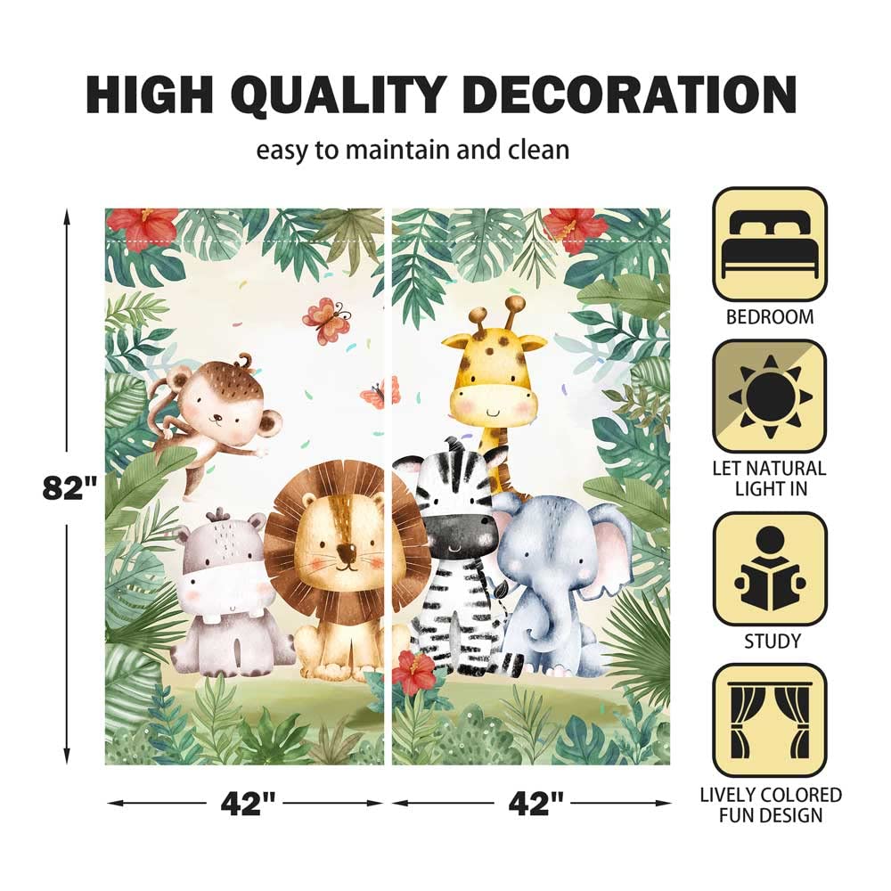 Dschungel-Safari-Fenstervorhänge für Kinder, Jungen, Mädchen, Aquarell, Cartoon, Wald, Tiere, Baby, Wohnzimmer, Schlafzimmer, Kinderzimmer, strapazierfähiger Stoff, 208.3x213x213 cm