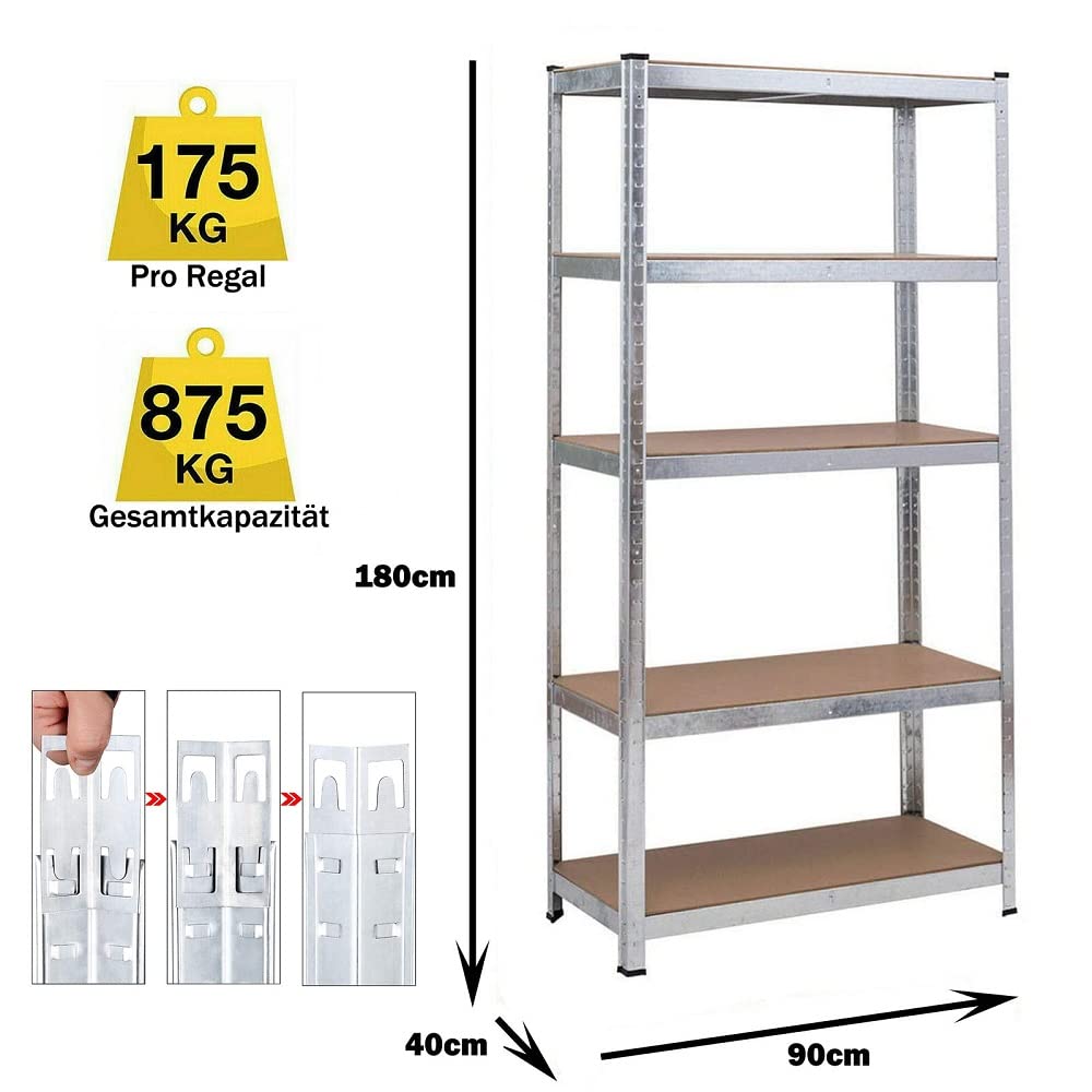 Heavy Du - Scaffale a 5 ripiani in acciaio, 180 x 90 x 40 cm, capacità 875 kg (175 kg/livello), perfetto per Ga Sto & nizat