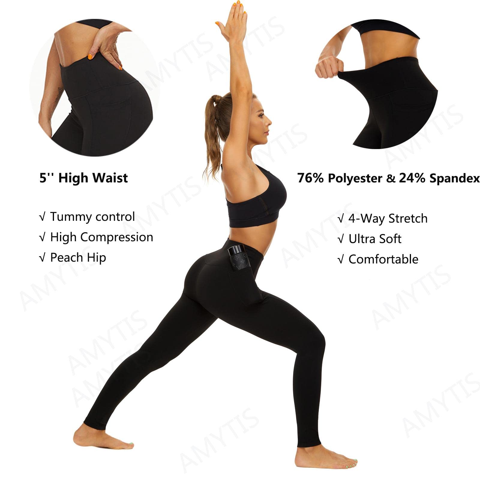 AMYTIS Sport Leggings Damen High Waist Yogahose mit Taschen Lang Sporthose Blickdicht Leggins Fitness Sportleggins - 4