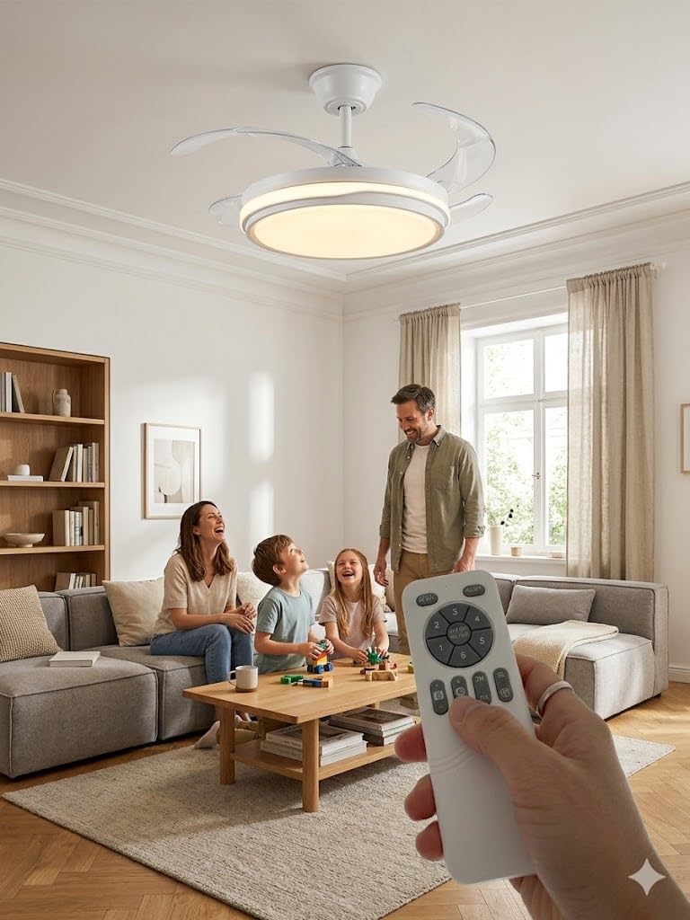 Genérico Ventilador de Techo con Luz LED Regulable, 4 Aspas Transparentes, Motor DC Silencioso, 6 Velocidades, Función Inversa Verano/Invierno, 60W, con Mando a Distancia