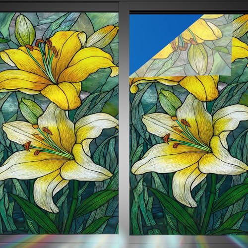 Image of Nuxovilar Gothic Rainbow Yellow Flower Pattern Window Film 17.5x39.3 PVC | Yellow Flowers, Gothic Decal fresh floral sticker, rainbow glass wrap for bedroom living room home (Yellow Floral)
