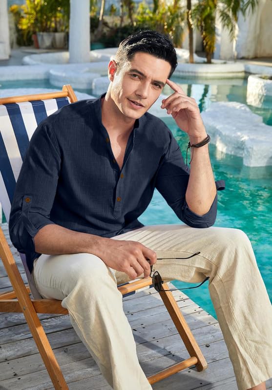 Image of Macsivo Cotton Blend Solid Casual Short Kurta for Men Long Sleeve Mandarin Collar Stylish Shirt Kurta for Men