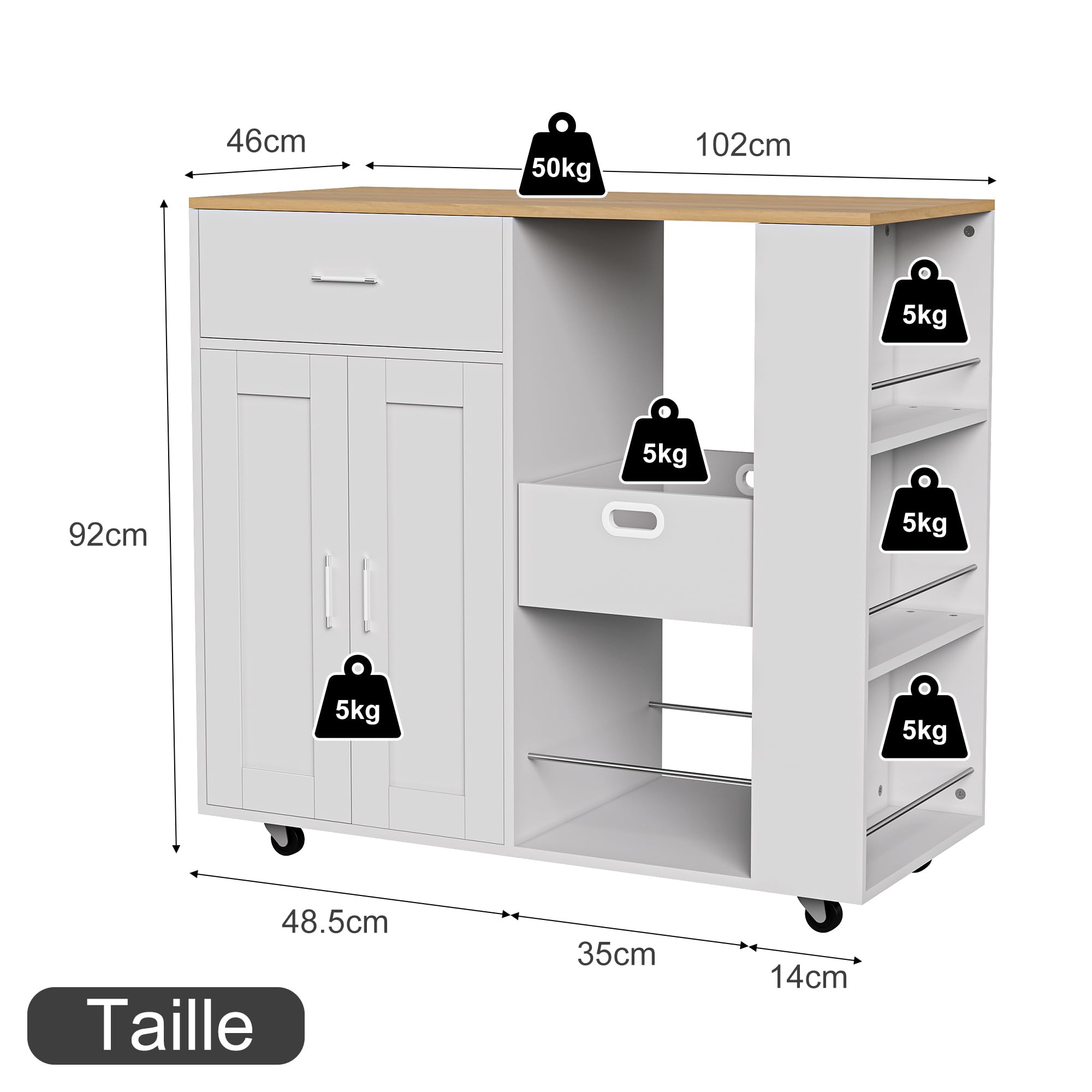 Wyspa kuchenna na kółkach, wyspa kuchenna z blatem roboczym, mobilny zestaw kuchenny z szafką do przechowywania trzy półki wysuwany organizer (biały, 102x46x92)