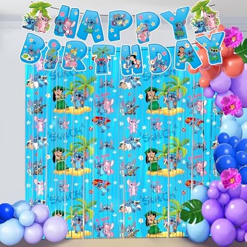 Stitch Birthday Decorations,2 Pack Stitch Party Supplies 3.3x6.6ft Tinsel Foil Fringe Curtains,Green and Stitch Photo Booth Prop Backdrop Streamer, Birthday Decor, Party Decor for Boys Cover
