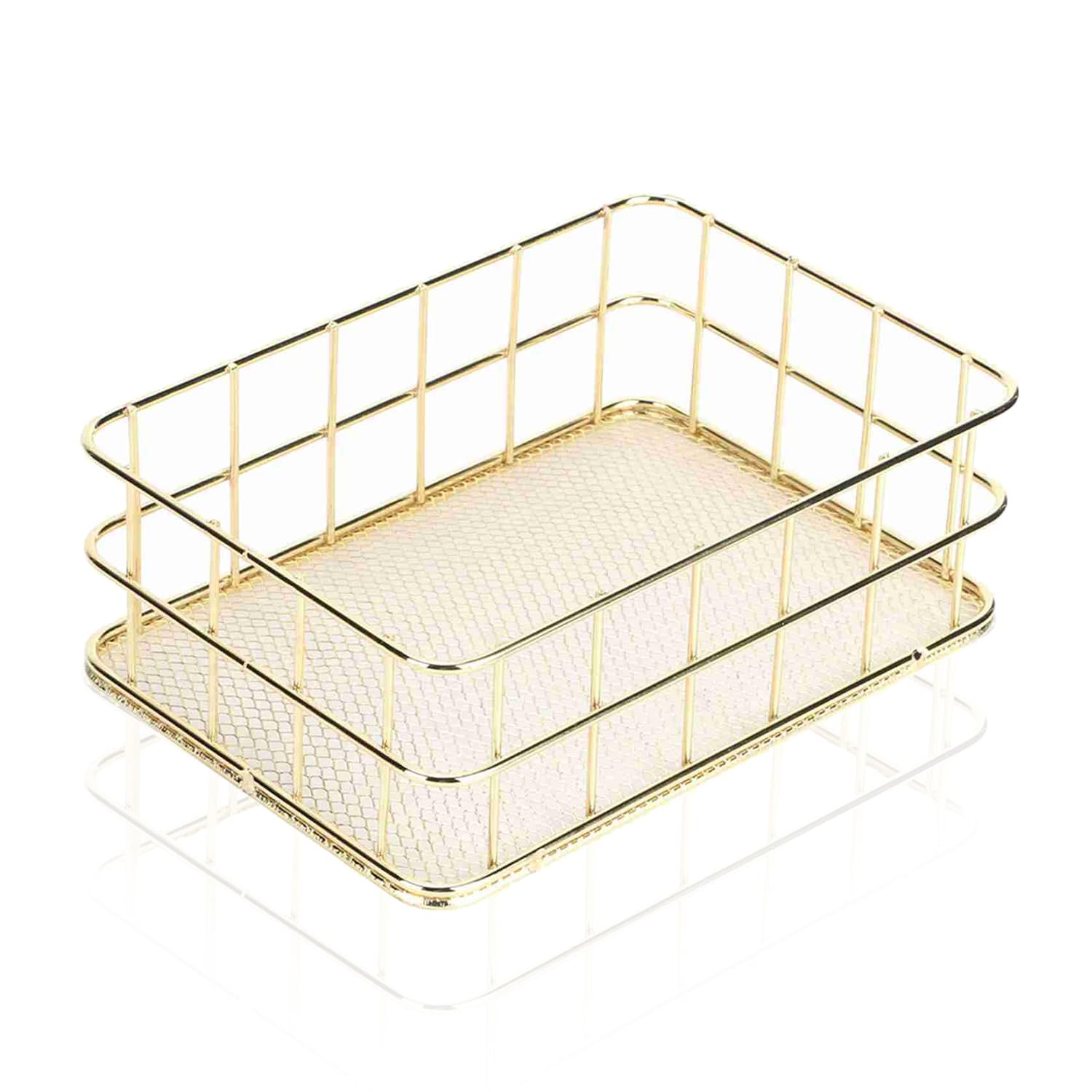 Gold Wire Baskets, 9.6 x 6.5in Metal Storage Basket Desktop Bathroom Sink Counter Toilet Storage Toilet Tank Topper Organizer Tray for Pantry Kitchen