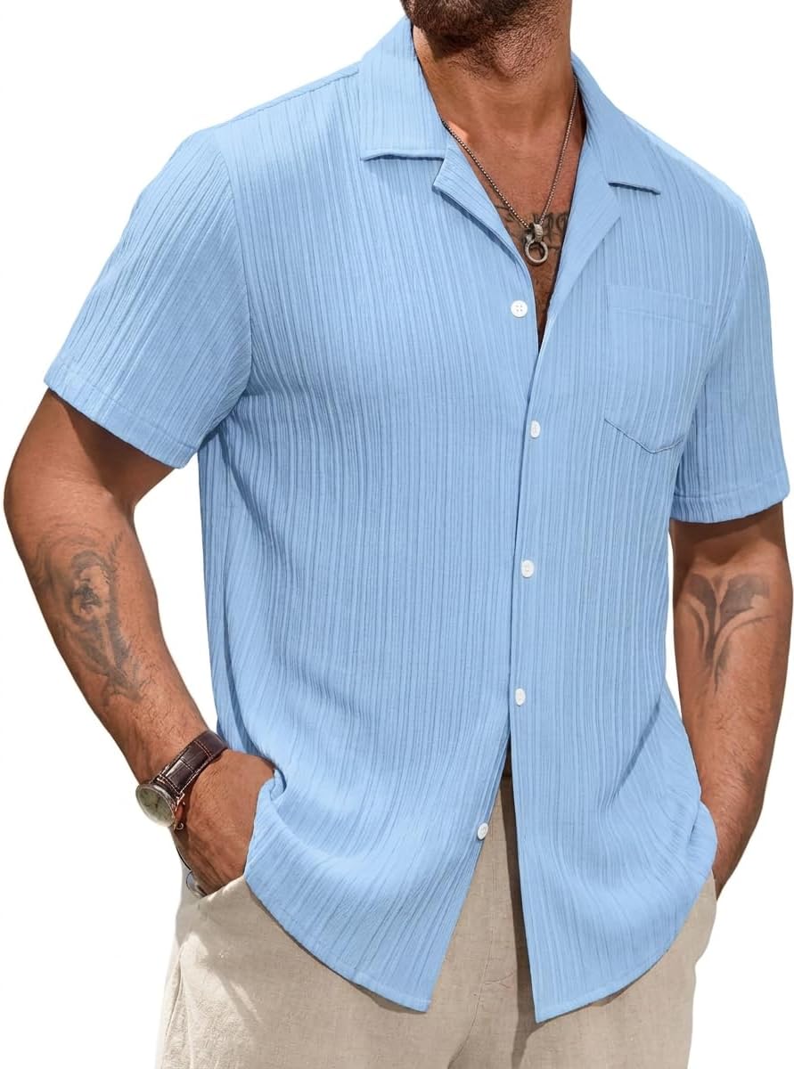 Vssjavun Men's Short Sleeve Button Down Shirts Lightweight Hollow Texture Summer Beach Vacation Shirt
