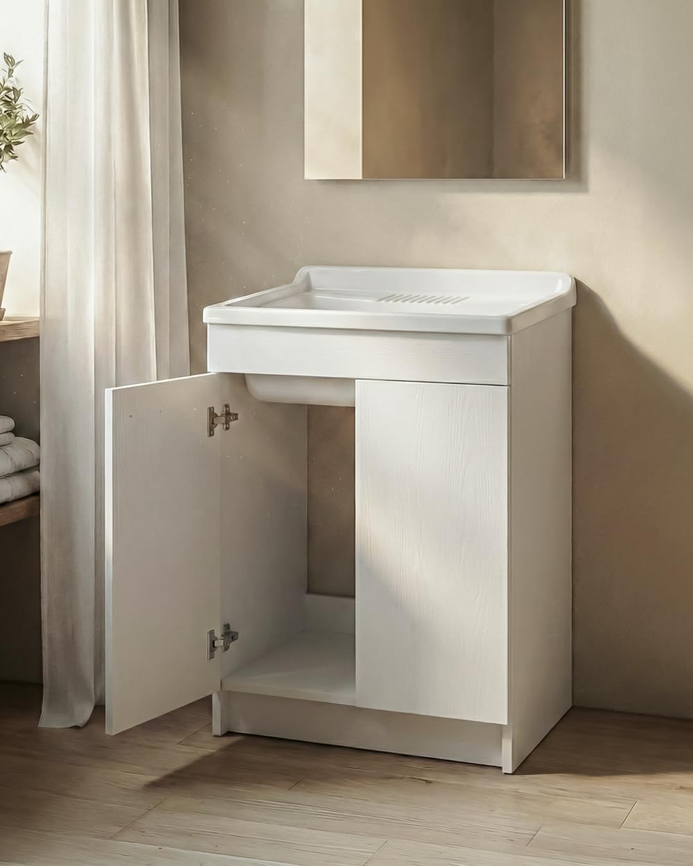Delmar Mobile Lavatoio in Legno Nobilitato, Bianco, 75x60 cm Altezza 85 cm, Con Sportello Push e Lavabo Pila Pilozzo in Resina, Made in Italy, Già Montato per Bagno e Lavanderia