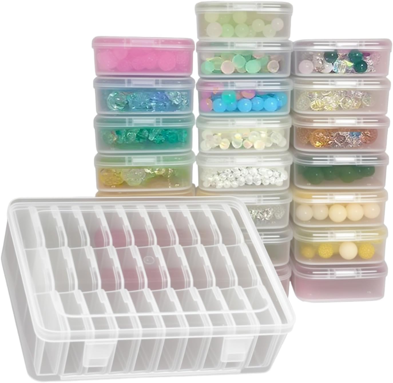 31pcs Small Bead Organizer Box with Hinged Lids, 2.2x2.2x0.79 Inch Clear Plastic Storage Containers for Diamond Art Painting, Craft, Nails, Screw & Mini Parts
