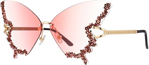 Vista 8 de Gafas de sol de lujo con diseño de mariposa de diamantes de imitación para mujer, estilo vintage, sin marco, de gran tamaño, con diamantes
