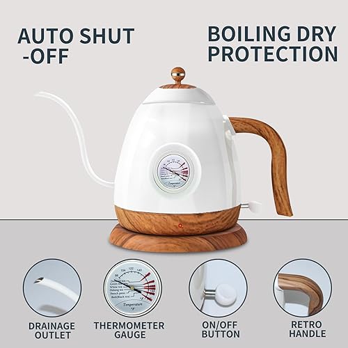 Miniatura 2 de CloudHand Hervidor eléctrico de cuello de cisne con termómetro, hervidor de agua caliente de acero inoxidable, tetera para café y té, apagado