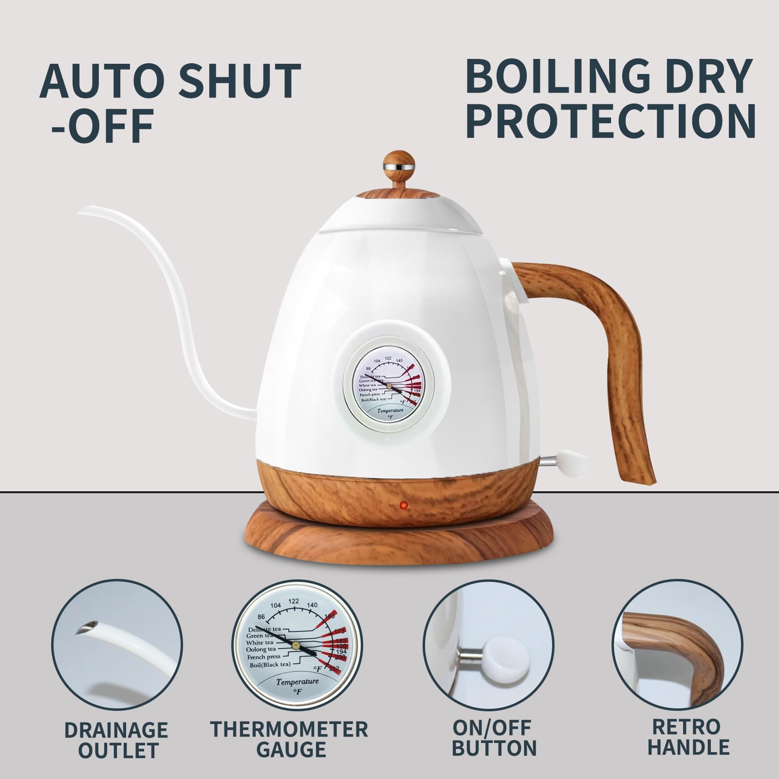 CloudHand Gooseneck Electric Kettle with Thermometer, Stainless Steel Hot Water Kettle, Pour Over Kettle for Coffee & Tea, Auto Shutoff Anti-dry Protection, 1000W-0.8L, Leak-Proof Design