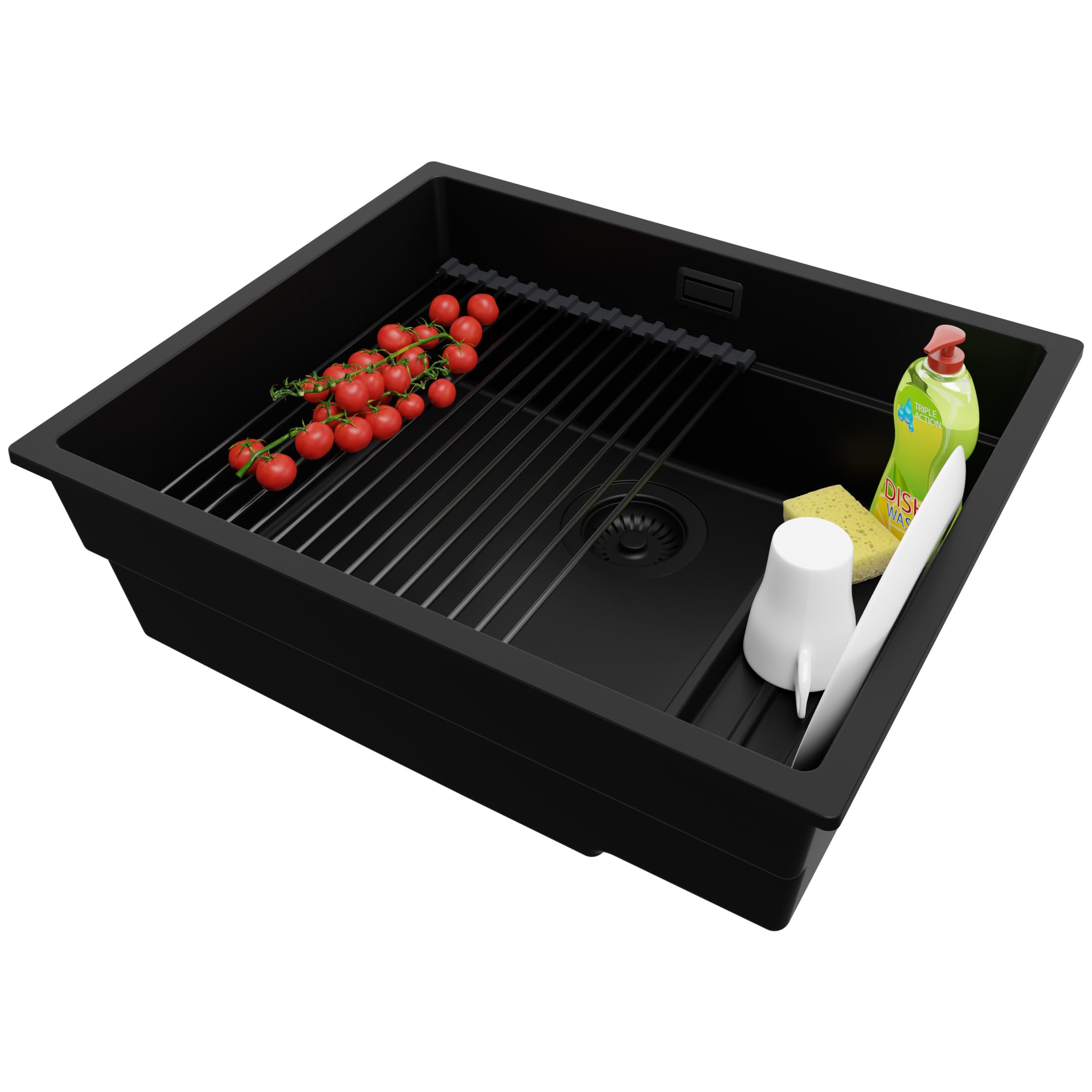PRIMAGRAN Fregadero bajo Encimera Todo Negro - Prague Step, 56x47cm | Cocina 1 Seno + Set de accesorios, Granito al Mueble 60cm (S367)