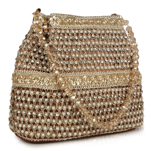 Image of Nevis Silk Fabric Premium Pearl & Crystal Embroidered Potli Bag for Women | Ethnic Bridal Clutch with Golden Handle | Party & Wedding | Potli Bag