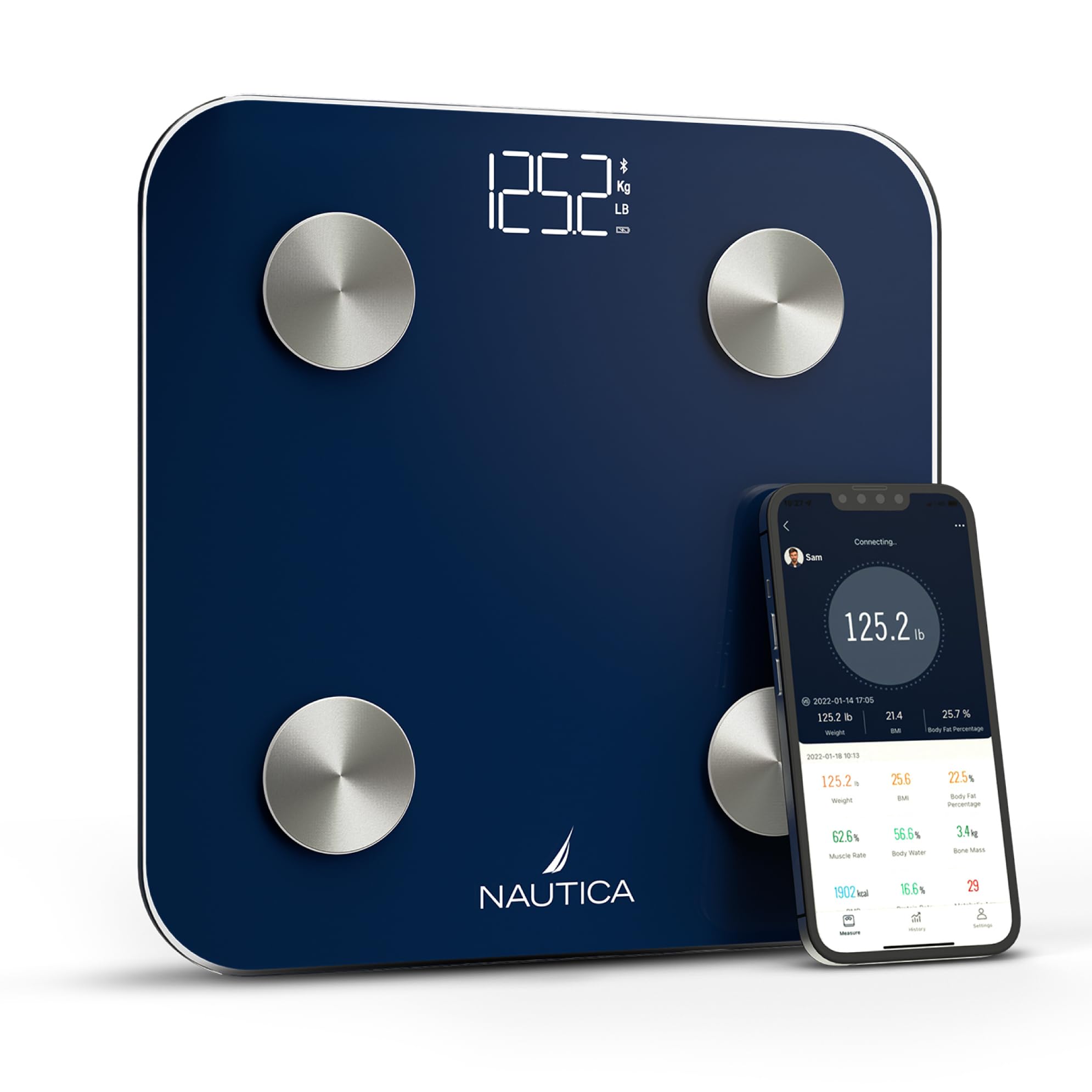 Nautica Body Tracker Digital Bathroom Scale, Bluetooth-Enabled Smart Scale with BMI, Body Fat, Muscle Mass Tracking & More, Syncs with Smartphone App for Body Composition Tracking, 396 Lbs.