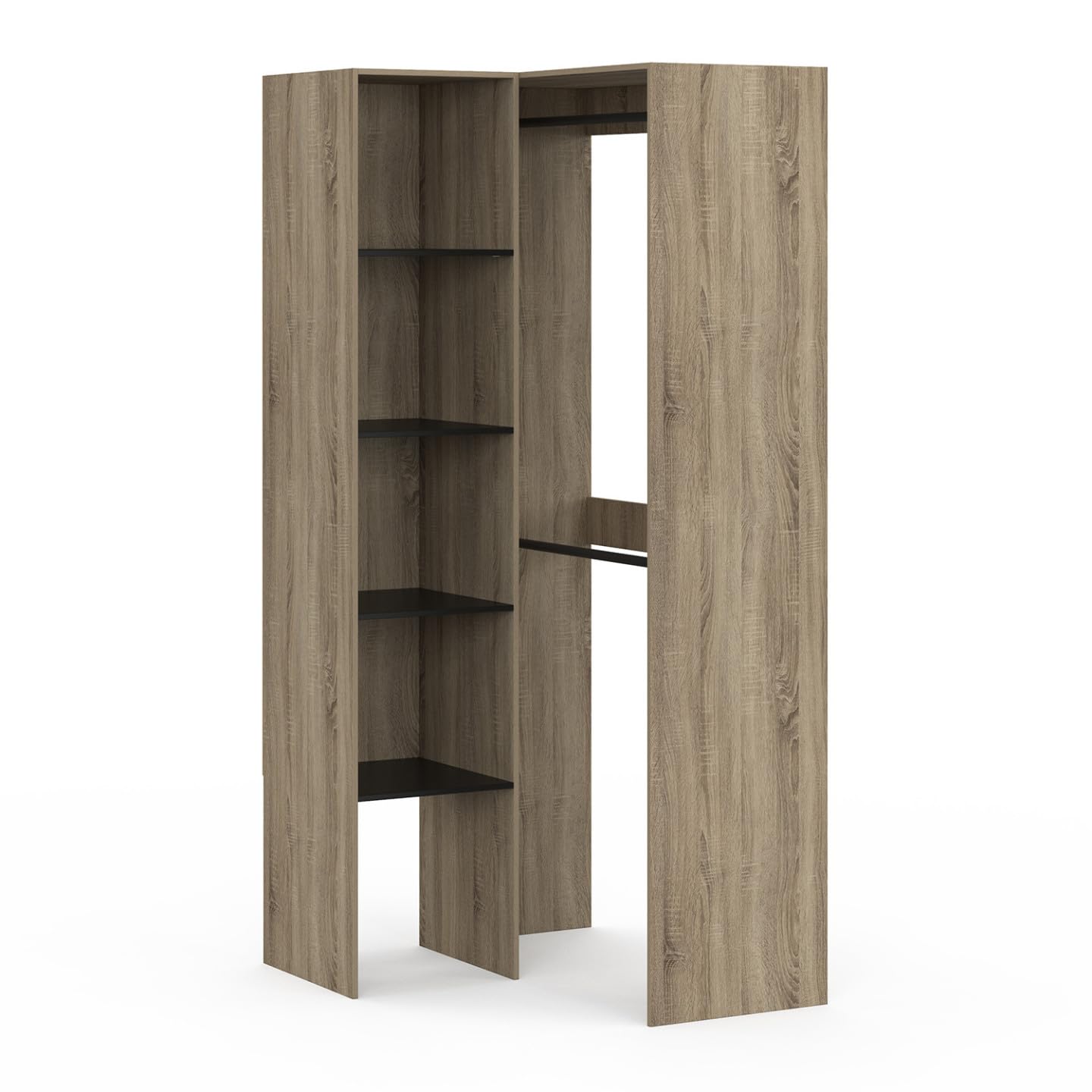 IDMarket - Dressing d'angle modulable L. 90/127 cm MELMAN double penderie + étagères bois et noir