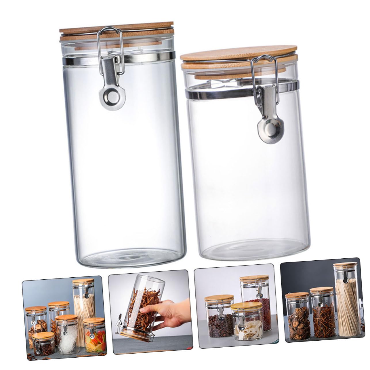 ABOOFAN Contenitori Ermetici in Vetro Chiusura 2 Pezzi per Cucina | Capienze 1140ml e 1280ml, Acciaio Inossidabile e Legno, Adatti a Polveri e Tè