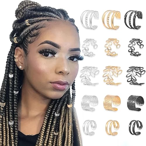 Miniatura 8 de NAISKA 15 pinzas para el cabello, clips de cuentas trenzadas de cabello dorado, accesorios para rastas, puños trenzados de metal sin perforación,