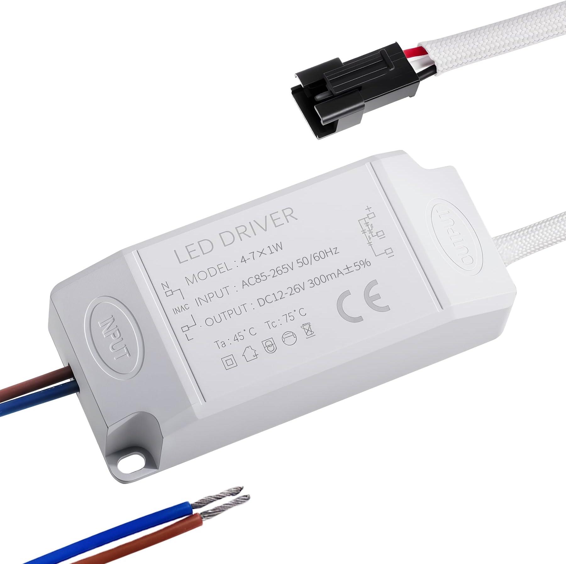 4-7W LED Driver 85-265V AC to 12-26V DC 300mA LED Power Supply Transformer Outdoor Power Supply Adapter Output Low Voltage Transformer for LED Lights, Strip & Decorative
