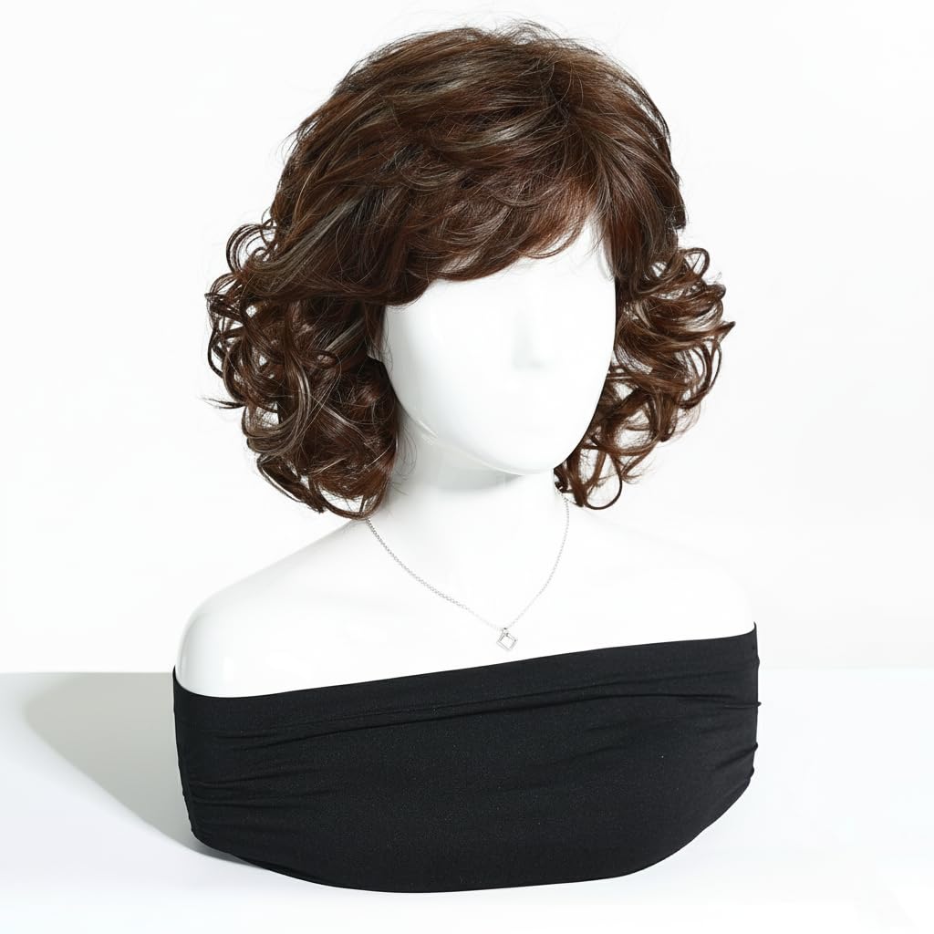 Bob Short Wig for Women - Dark Brown Synthetic Hair with Bangs, Voluminous Curly Style for Older Ladies Daily Use