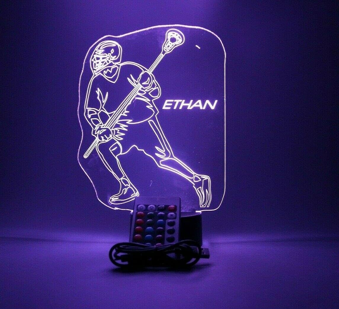 Lacrosse Player Night Light Up Table Lamp Sports LED Engraved Custom Name Personalized Energy Efficient Home Decor Ideal for Any Room or Hallway With Remote, 16 Color Options, It's WOW, Great Gift