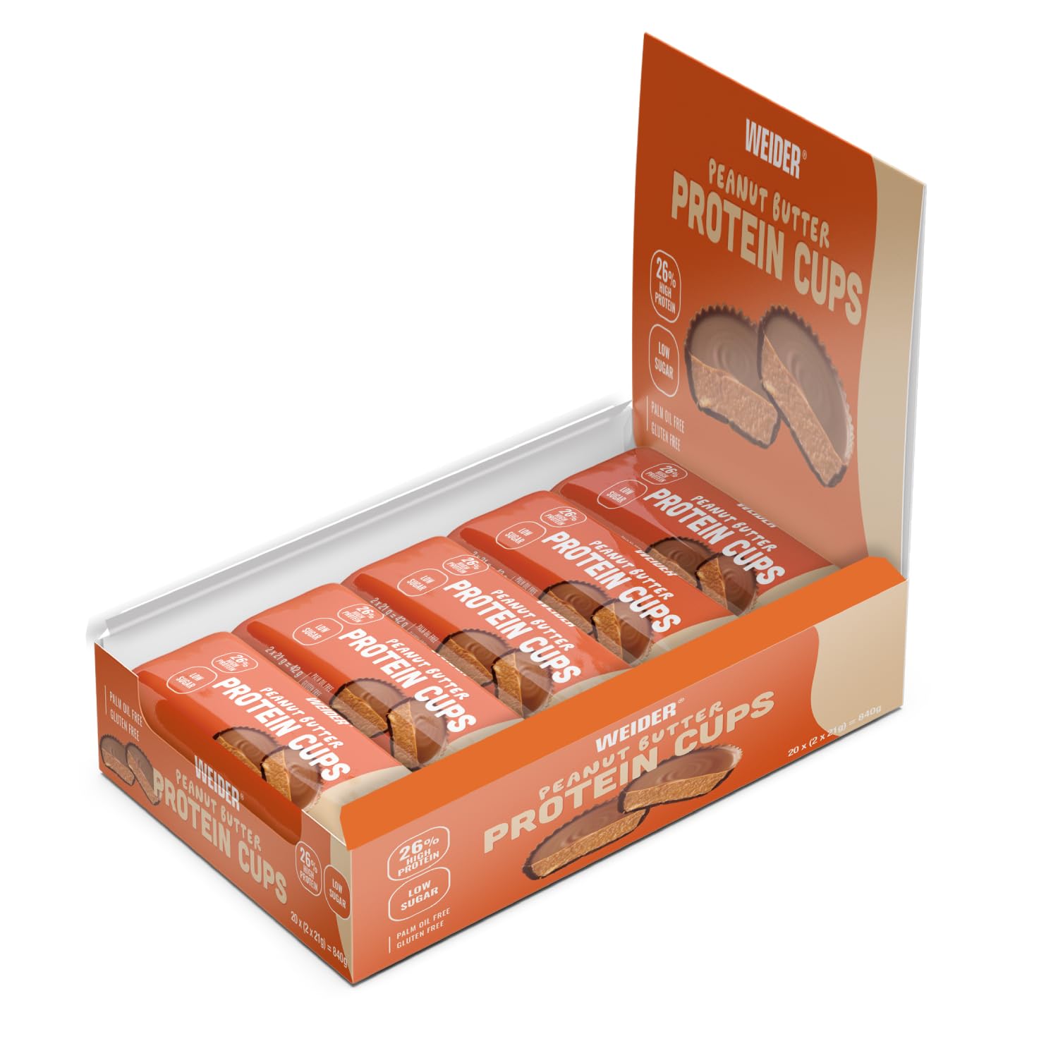 Weider Protein Cups Peanut Butter (20x42g) Tartaletas con alto de contenido de proteínas y Bajo en Azúcar, con cobertura de Chocolate, Sin gluten (20 sobres de 2 tartaletas)
