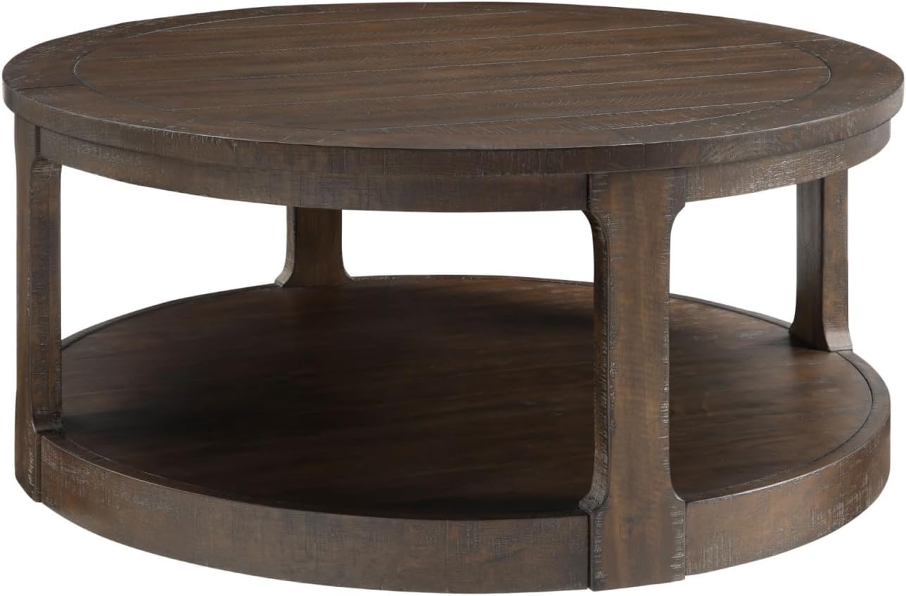 LKTART 40 Inch Round Coffee Tables for Living Room, Wood 2 Tier Circle Coffee Table with Wheels, Mid Century Large Center Table for Office, Apartment,Brown