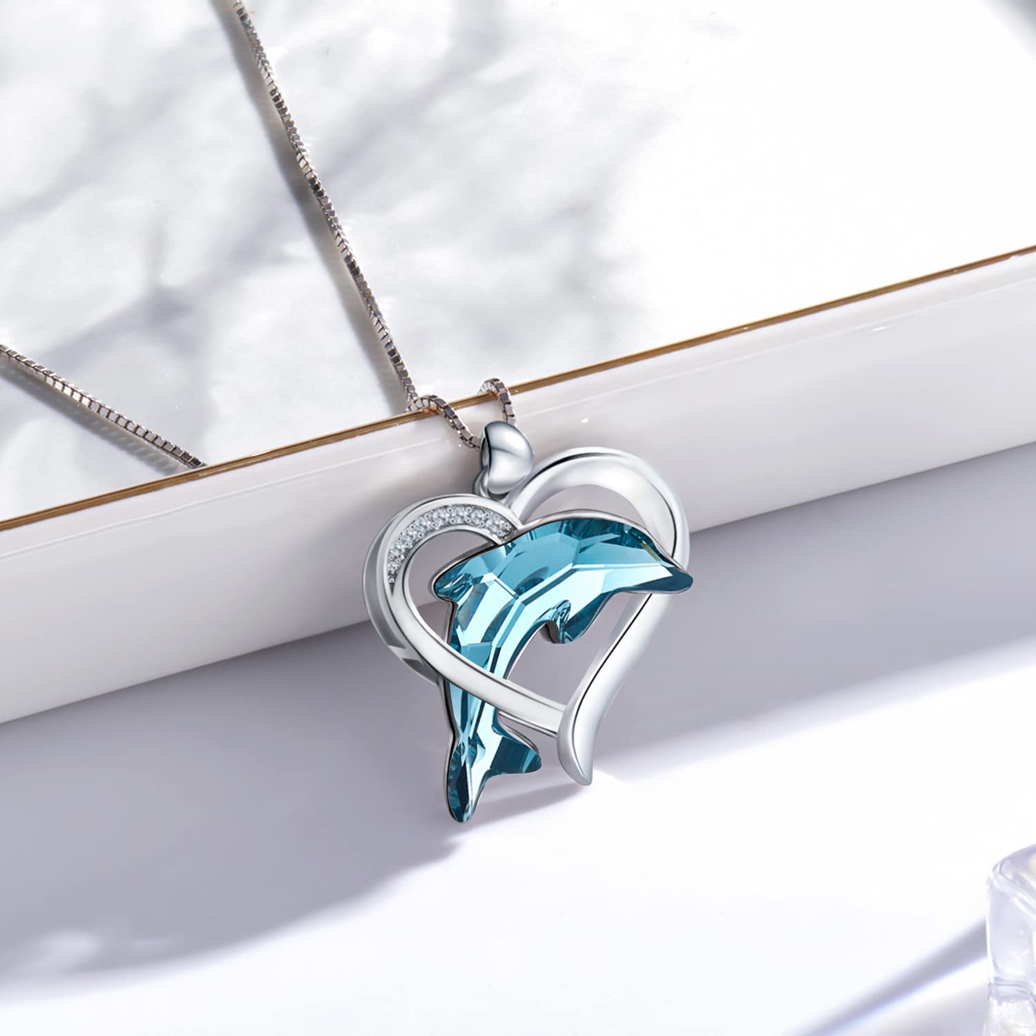 Collana da donna con delfino, in argento Sterling 925, con ciondolo a forma di delfino, con cristalli blu, onde del mare, temi della spiaggia, regalo per figlia e ragazze
