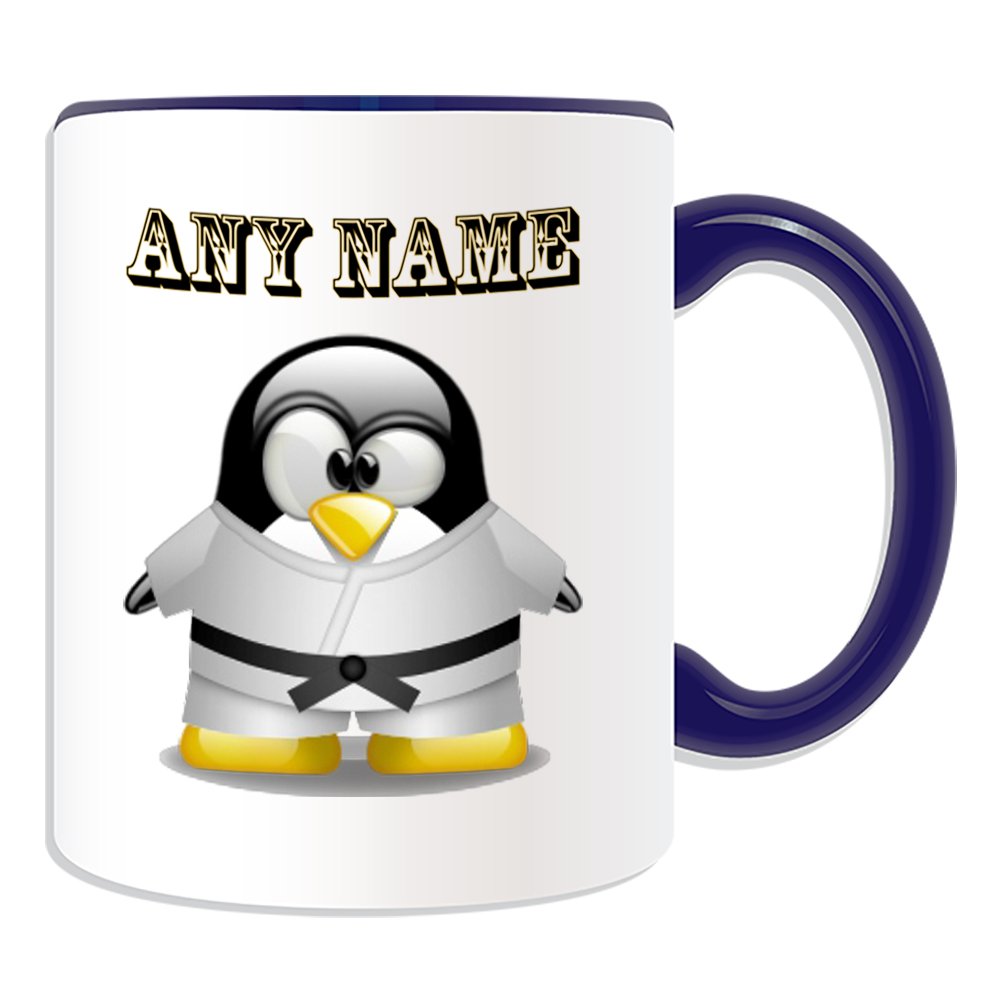 Personalised Gift - Karate Black Belt Mug (Penguin in Costume Design Theme, Colour Options) - Any Name/Message on Your Unique - Judo in White