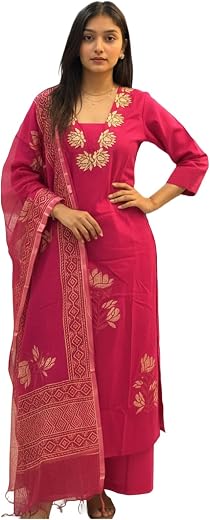 GoSriKi Women’s Rayon Viscose Straight Printed Embroidered Kurta with Pant &amp; Dupatta | Ethnic Kurta Set for Women | Daily,...