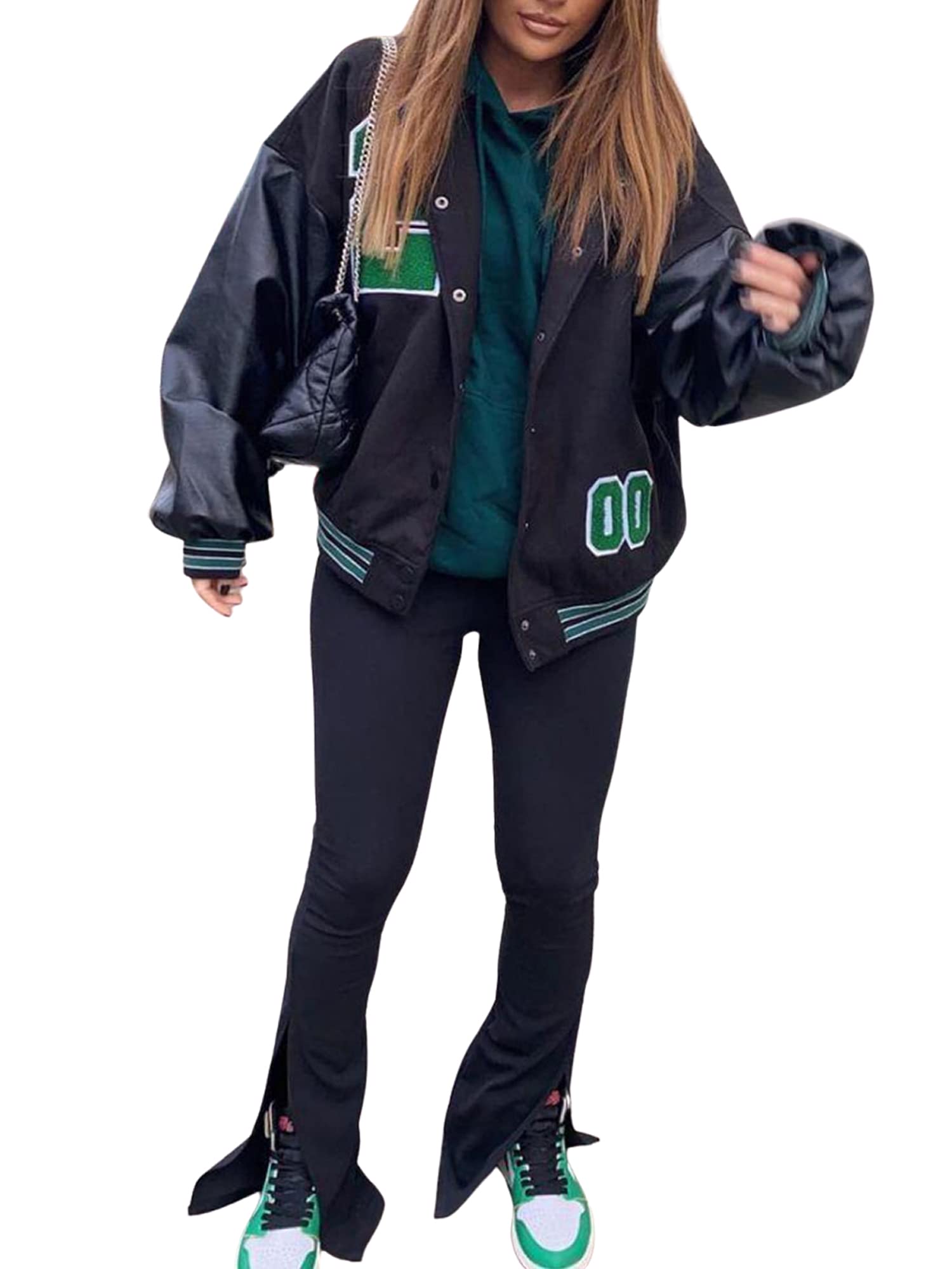 Women Oversized Baseball Jacket Autumn Winter Fashion Leather Long