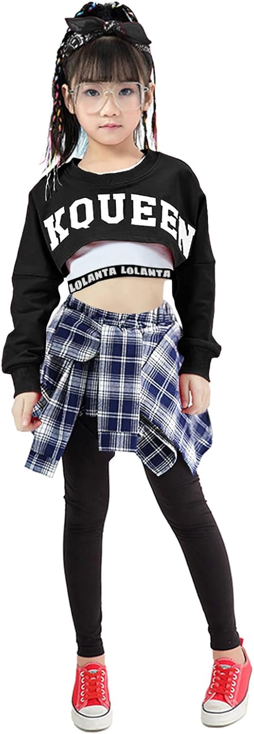 LOLANTA Girls' Hip Hop Dance Costumes 3-Piece Outfit Letter Print Long Sleeve Crop Top + Culottes Pantskirts + Vest