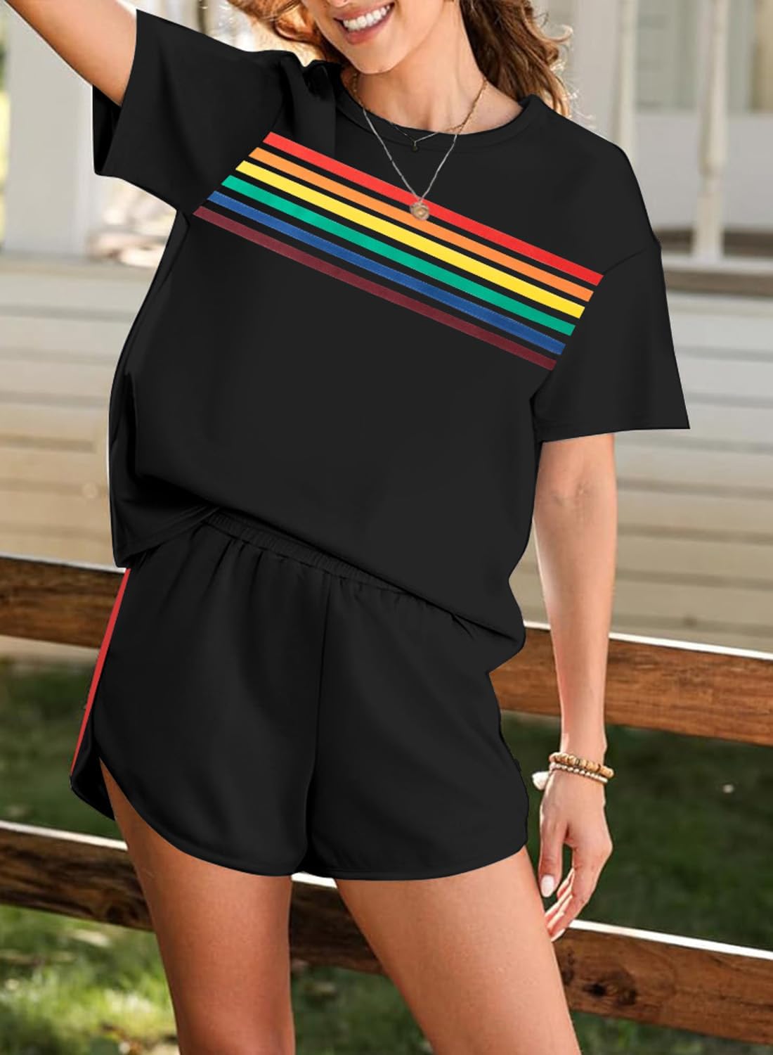MYHALF Womens 2 Piece Short Sets Summer Outfits Rainbow Stripes Shirts 2025 Two Piece Lounge Set Matching Shorts - Image 5