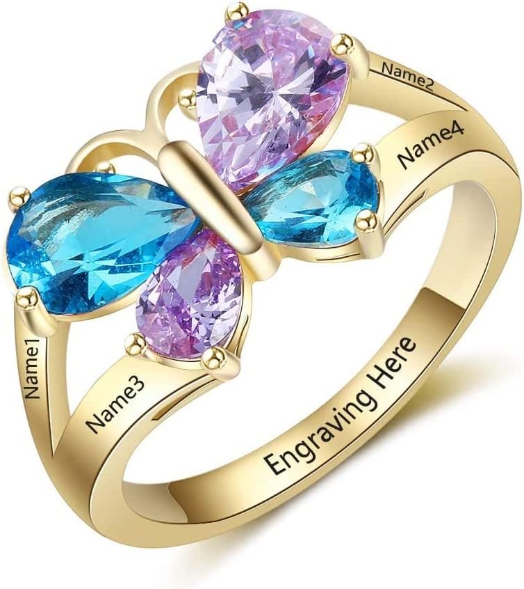 Mothers Day Gifts for Mom Women Solid 10K 14K 18K Gold Mother Rings for Women Personalized Mother Daughter Ring with 4 Simulated Birthstones and Names Customized Gold Engraved Family Name Rings for Mother Grandmother Women Wife Birthday Mother's Day Gift