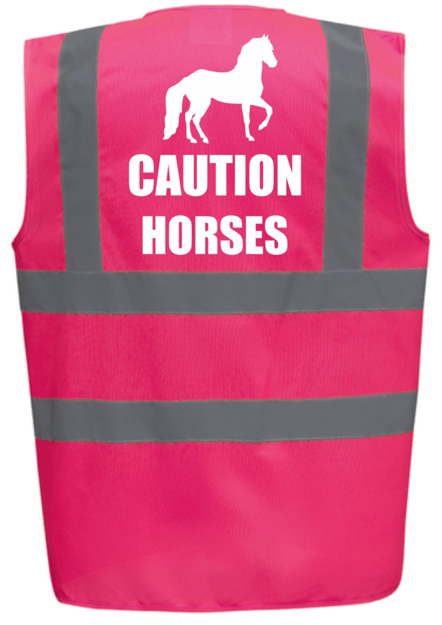 Brook Hi Vis Uk Unisex Pink Bright High Visibility Vest With White Text Caution Horses With Image- Horse Riding By Brook Hi Vis Small