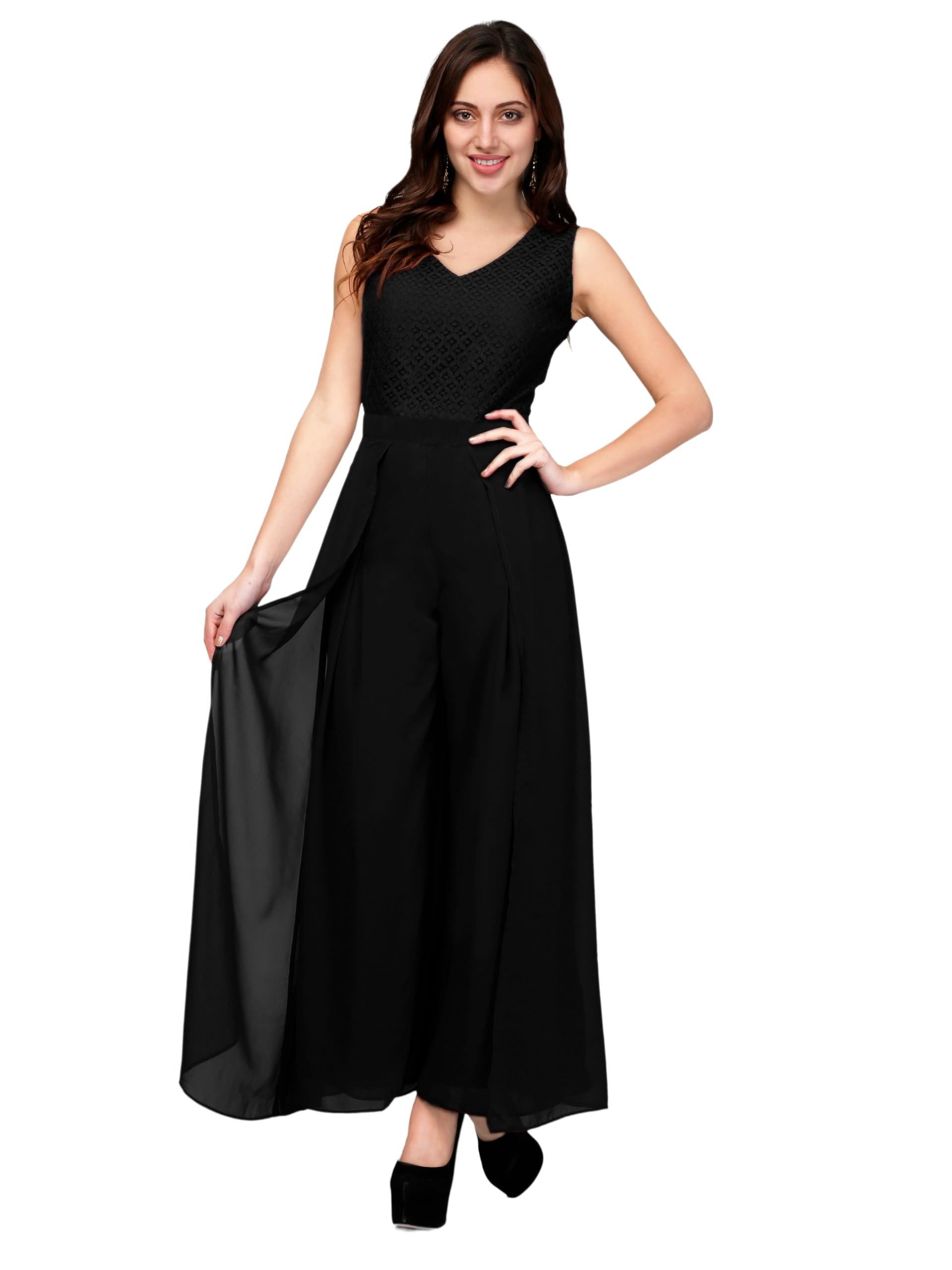 v&m Women's Lace Layered Jumpsuit Come Maxi Gown Dress (Black, M)-picture-16