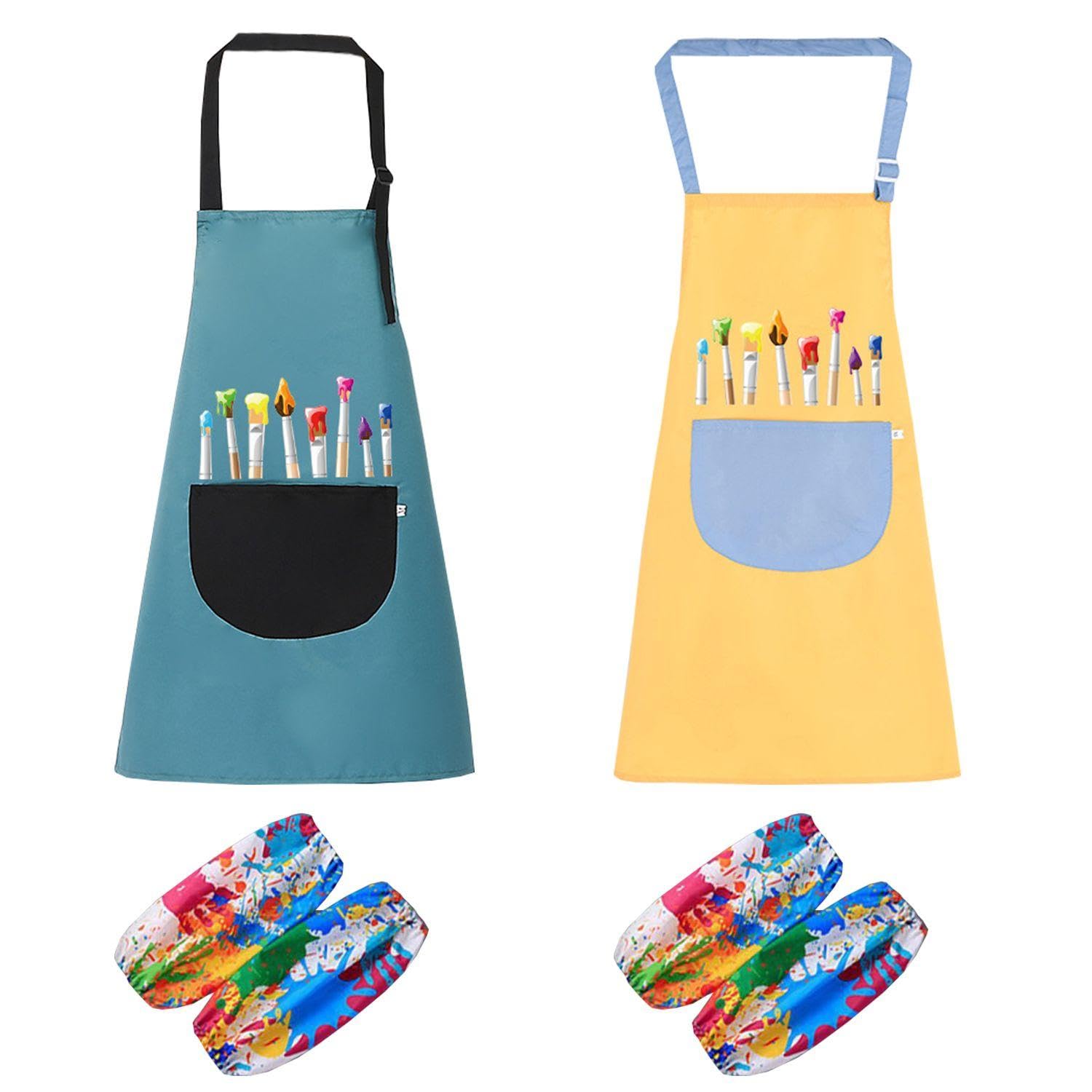 Pack De 2 Delantales De Pintar Para Niños, 2 Pares De Mangas, Delantales De Cocina Para Niño Y Niña, Delantales De Repostería, Delantales Ajustables
